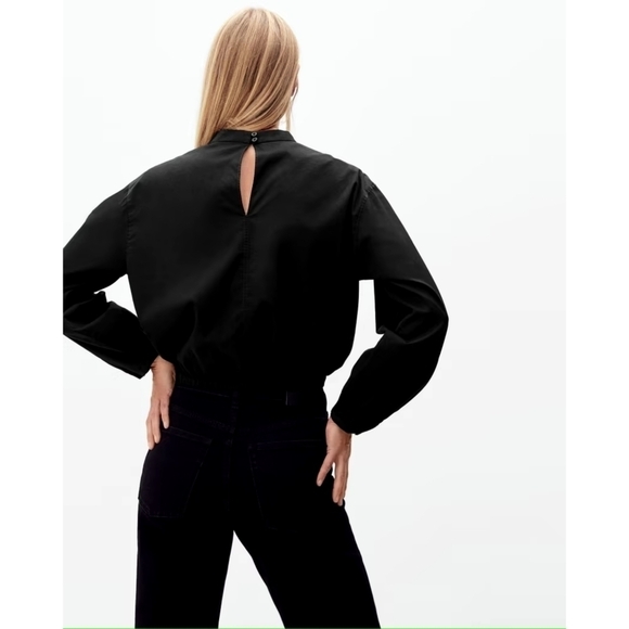 Everlane Blouse Women Black Crop The Mock Neck Bubble Top Cotton Long Balloon - Picture 2 of 15